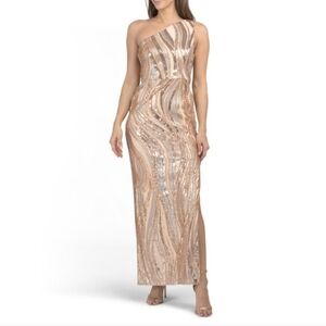 ADRIANNA PAPELL Champagne/gold One Shoulder Beaded Column Gown